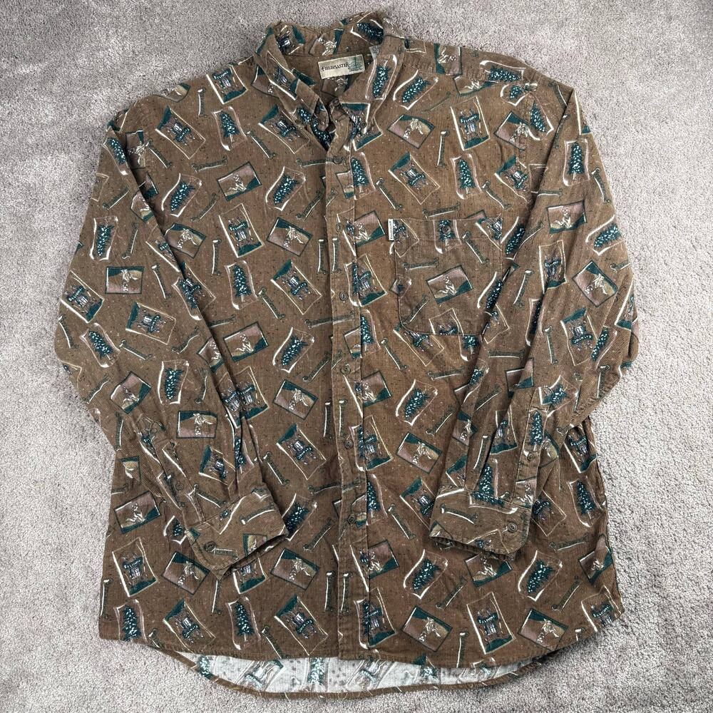 Vintage Fieldmaster Corduroy Button Up Shirt Outdoors Nature Print Size XL